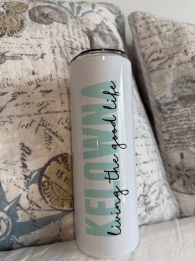 White Stainless Steel Insulated Tumbler with Teal “Kelowna” Logo & Straw